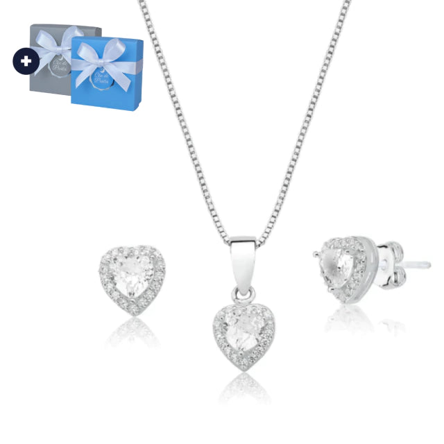 Genuine 925 Sterling Silver Set with Zirconia Heart, 45cm
